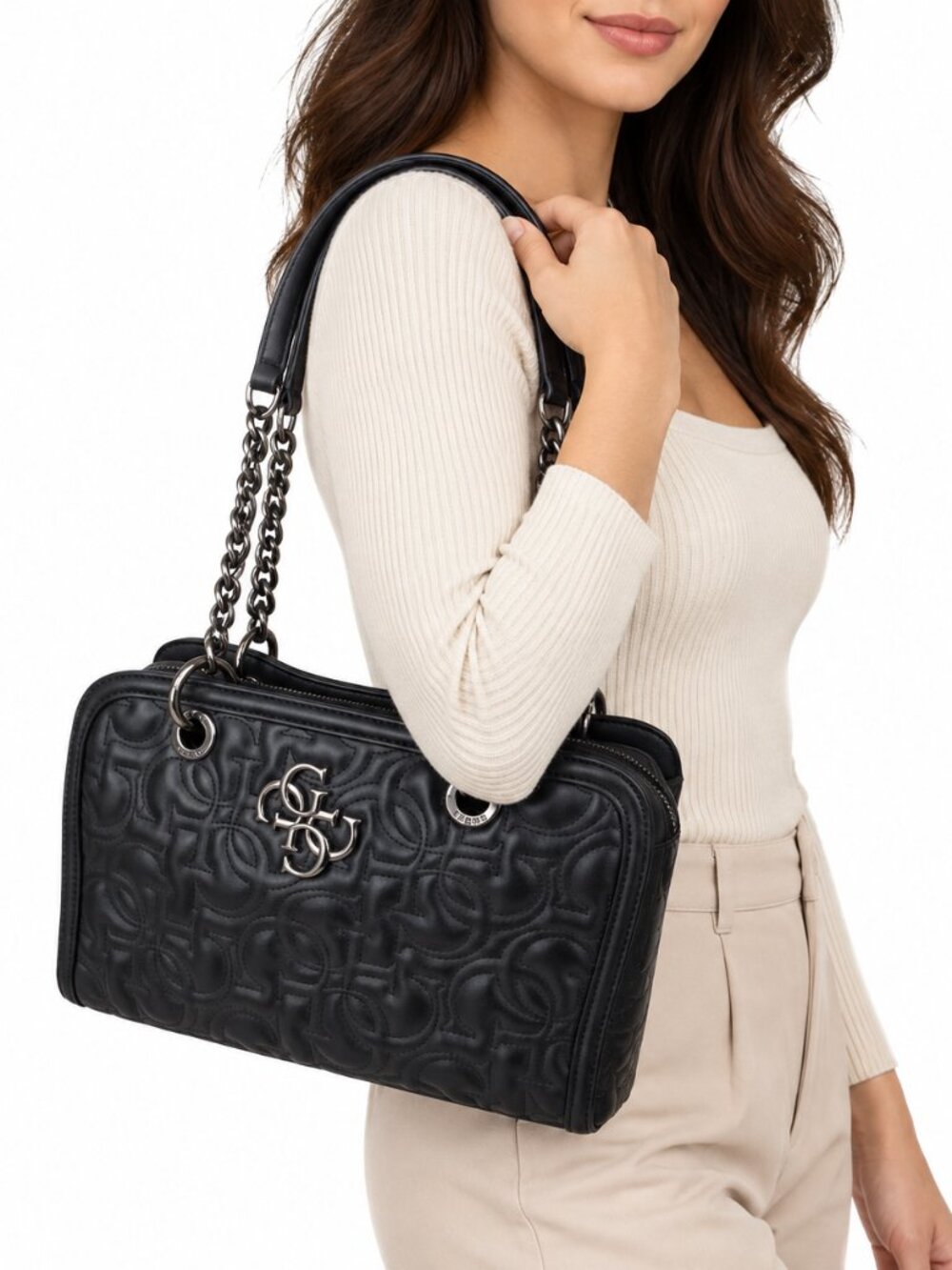 GUESS Black Embossed Logo Chain Strap Hobo Bag